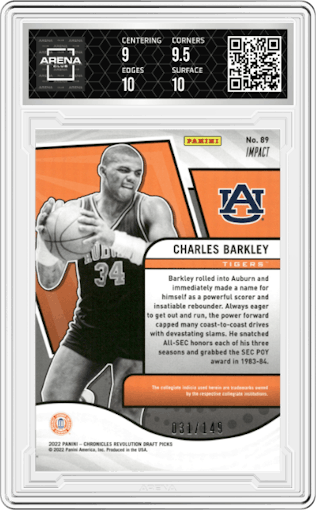 Charles Barkley from the 2022-23 Panini Chronicles Draft Picks set featuring a Impact parallel graded by Arena Club and given an overall grade of 9.5.