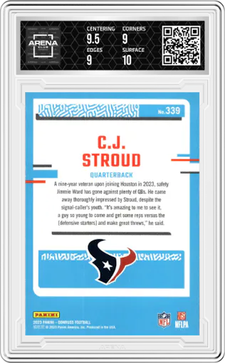 C.J. Stroud from the 2023 Panini Donruss set graded by Arena Club and given an overall grade of 9.5.