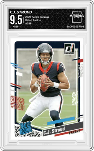 C.J. Stroud from the 2023 Panini Donruss set graded by Arena Club and given an overall grade of 9.5.