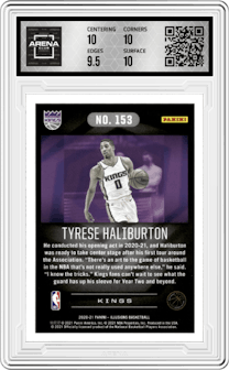 Tyrese Haliburton from the 2020-21 Panini Illusions  set featuring a Trophy Collection Emerald parallel graded by Arena Club and given an overall grade of 10.