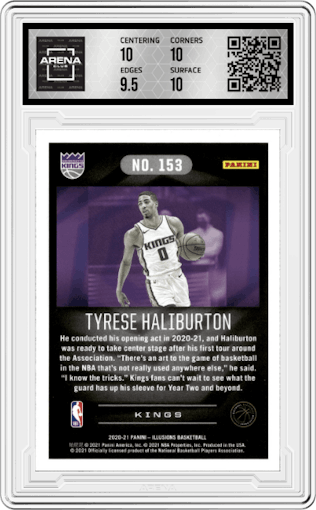 Tyrese Haliburton from the 2020-21 Panini Illusions  set featuring a Trophy Collection Emerald parallel graded by Arena Club and given an overall grade of 10.