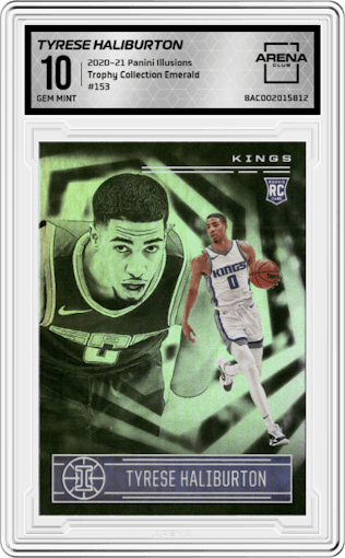 Tyrese Haliburton from the 2020-21 Panini Illusions  set featuring a Trophy Collection Emerald parallel graded by Arena Club and given an overall grade of 10.