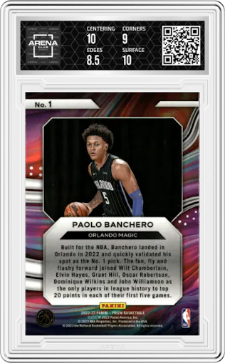 Paolo Banchero from the 2022-23 Panini Prizm  set graded by Arena Club and given an overall grade of 9.