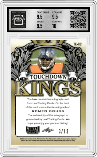 Romeo Doubs from the 2022 Leaf Metal Draft set featuring a Black Prismatic parallel graded by Arena Club and given an overall grade of 10.