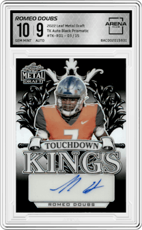 Romeo Doubs from the 2022 Leaf Metal Draft set featuring a Black Prismatic parallel graded by Arena Club and given an overall grade of 10.