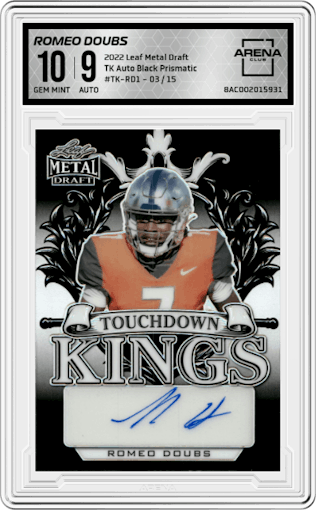 Romeo Doubs from the 2022 Leaf Metal Draft set featuring a Black Prismatic parallel graded by Arena Club and given an overall grade of 10.