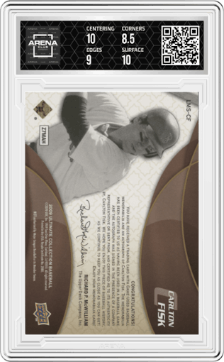 Carlton Fisk from the 2009 Upper Deck Ultimate Collection set graded by Arena Club and given an overall grade of 9.