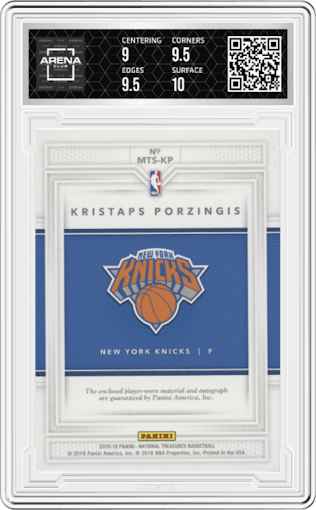 Kristaps Porzingis from the 2015-16 Panini National Treasures  set graded by Arena Club and given an overall grade of 9.5.