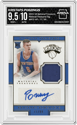 Kristaps Porzingis from the 2015-16 Panini National Treasures  set graded by Arena Club and given an overall grade of 9.5.