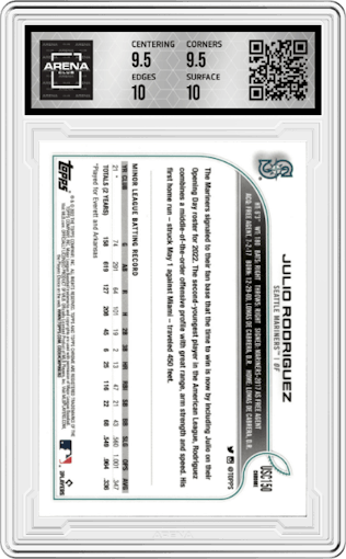 Julio Rodriguez from the 2022 Topps Chrome Update set featuring a Purple Refractor parallel graded by Arena Club and given an overall grade of 10.