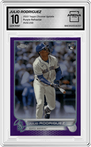 Julio Rodriguez from the 2022 Topps Chrome Update set featuring a Purple Refractor parallel graded by Arena Club and given an overall grade of 10.