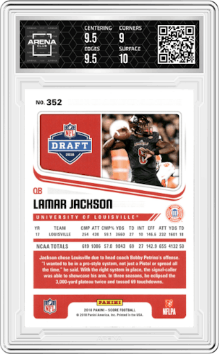 Lamar Jackson from the 2018 Panini Score set graded by Arena Club and given an overall grade of 9.5.