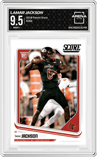 Lamar Jackson from the 2018 Panini Score set graded by Arena Club and given an overall grade of 9.5.