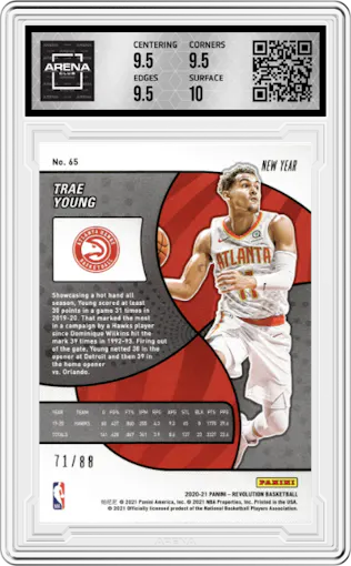 Trae Young from the 2020-21 Panini Revolution set featuring a Chinese New Year Emerald parallel graded by Arena Club and given an overall grade of 10.