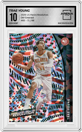 Trae Young from the 2020-21 Panini Revolution set featuring a Chinese New Year Emerald parallel graded by Arena Club and given an overall grade of 10.