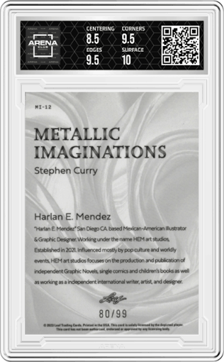 Stephen Curry from the 2023 Leaf Metallic Imaginations set featuring a Yellow parallel graded by Arena Club and given an overall grade of 9.