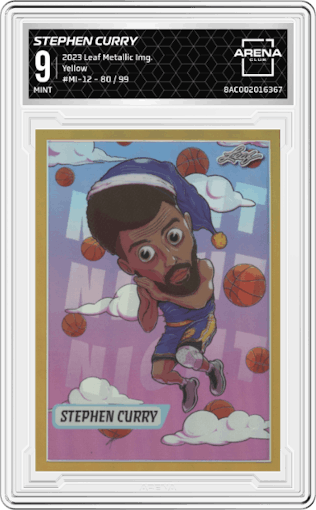 Stephen Curry from the 2023 Leaf Metallic Imaginations set featuring a Yellow parallel graded by Arena Club and given an overall grade of 9.