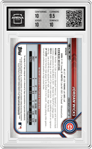 Jordan Wicks from the 2022 Bowman set featuring a Refractor  parallel graded by Arena Club and given an overall grade of 10.