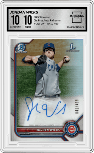 Jordan Wicks from the 2022 Bowman set featuring a Refractor  parallel graded by Arena Club and given an overall grade of 10.