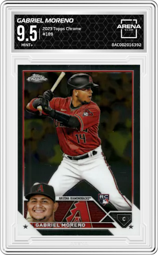 Gabriel Moreno from the 2023 Topps Chrome set graded by Arena Club and given an overall grade of 9.5.