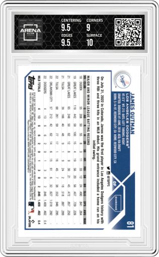 James Outman from the 2023 Topps Chrome set featuring a Pink Refractor parallel graded by Arena Club and given an overall grade of 9.5.
