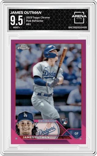 James Outman from the 2023 Topps Chrome set featuring a Pink Refractor parallel graded by Arena Club and given an overall grade of 9.5.