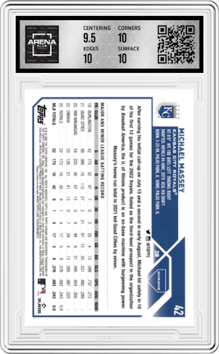 Michael Massey from the 2023 Topps Chrome set featuring a Sepia Refractor parallel graded by Arena Club and given an overall grade of 10.