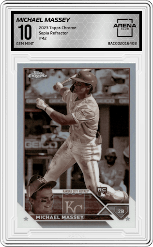 Michael Massey from the 2023 Topps Chrome set featuring a Sepia Refractor parallel graded by Arena Club and given an overall grade of 10.