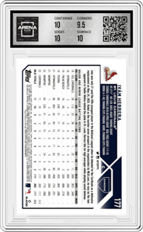 Ivan Herrera from the 2023 Topps Chrome set featuring a Purple Refractor parallel graded by Arena Club and given an overall grade of 10.
