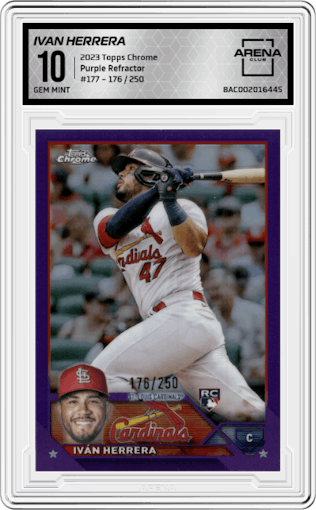 Ivan Herrera from the 2023 Topps Chrome set featuring a Purple Refractor parallel graded by Arena Club and given an overall grade of 10.