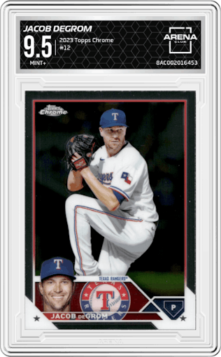 Jacob deGrom from the 2023 Topps Chrome set graded by Arena Club and given an overall grade of 9.5.