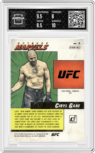 Ciryl Gane from the 2022 Panini Donruss UFC set graded by Arena Club and given an overall grade of 8.5.