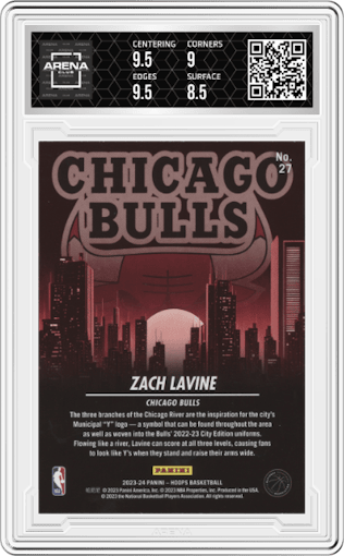 Zach LaVine from the 2023-24 Panini NBA Hoops set graded by Arena Club and given an overall grade of 9.