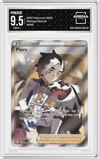 Piers from the 2021 Pokemon SWSH set graded by Arena Club and given an overall grade of 9.5.