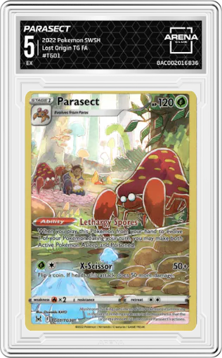 Parasect from the 2022 Pokemon SWSH set graded by Arena Club and given an overall grade of 5.