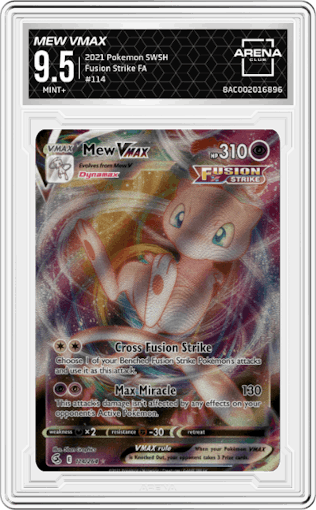 Mew VMAX from the 2021 Pokemon SWSH set graded by Arena Club and given an overall grade of 9.5.