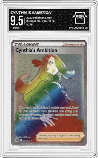 Cynthia's Ambition from the 2022 Pokemon SWSH set graded by Arena Club and given an overall grade of 9.5.