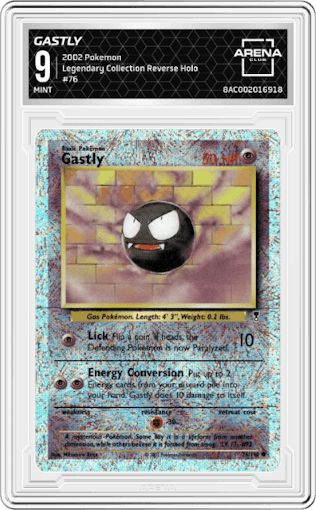 Gastly from the 2002 Pokemon  set graded by Arena Club and given an overall grade of 9.