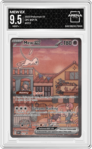 Mew EX from the 2023 Pokemon SV set featuring a Ultra Premium Collection parallel graded by Arena Club and given an overall grade of 9.5.