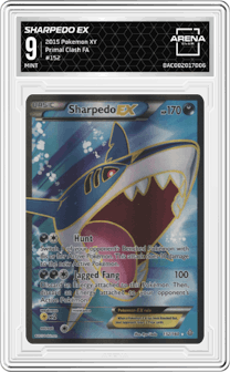 Sharpedo EX from the 2015 Pokemon XY set graded by Arena Club and given an overall grade of 9.