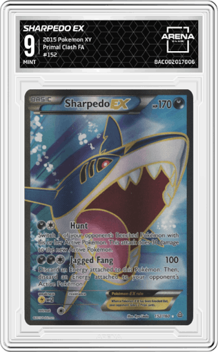 Sharpedo EX from the 2015 Pokemon XY set graded by Arena Club and given an overall grade of 9.