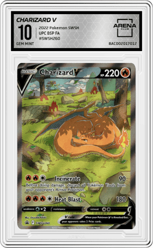 Charizard V from the 2022 Pokemon SWSH set featuring a Ultra Premium Collection parallel graded by Arena Club and given an overall grade of 10.