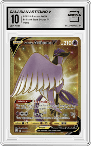 Galarian Articuno V from the 2022 Pokemon SWSH set graded by Arena Club and given an overall grade of 10.