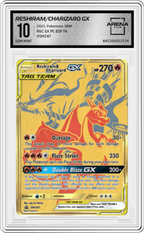 Reshiram/Charizard GX from the 2021 Pokemon S&M set featuring a Reshiram Charizard GX Premium Collection parallel graded by Arena Club and given an overall grade of 10.