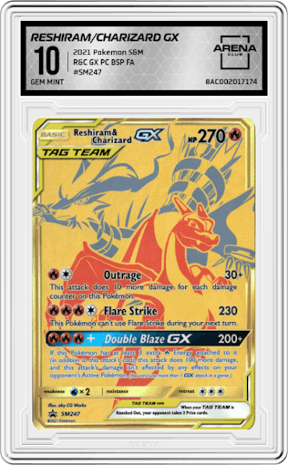 Reshiram/Charizard GX from the 2021 Pokemon S&M set featuring a Reshiram Charizard GX Premium Collection parallel graded by Arena Club and given an overall grade of 10.