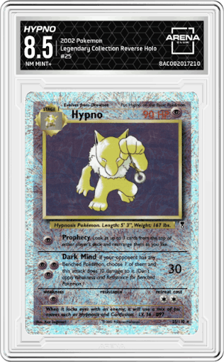 Hypno from the 2002 Pokemon  set graded by Arena Club and given an overall grade of 8.5.