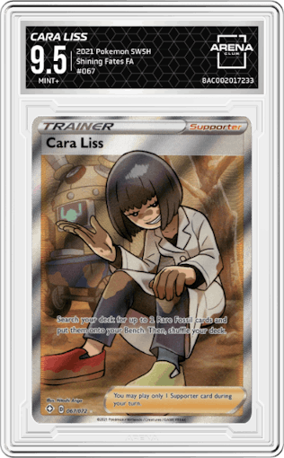 Cara Liss from the 2021 Pokemon SWSH set graded by Arena Club and given an overall grade of 9.5.