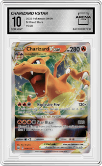 Charizard VSTAR from the 2022 Pokemon SWSH set graded by Arena Club and given an overall grade of 10.