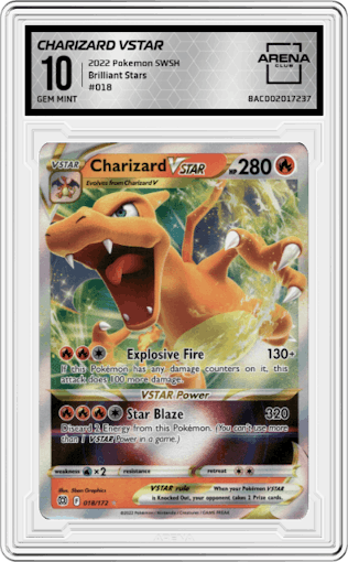 Charizard VSTAR from the 2022 Pokemon SWSH set graded by Arena Club and given an overall grade of 10.