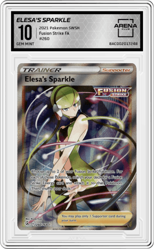 Elesa's Sparkle from the 2021 Pokemon SWSH set graded by Arena Club and given an overall grade of 10.